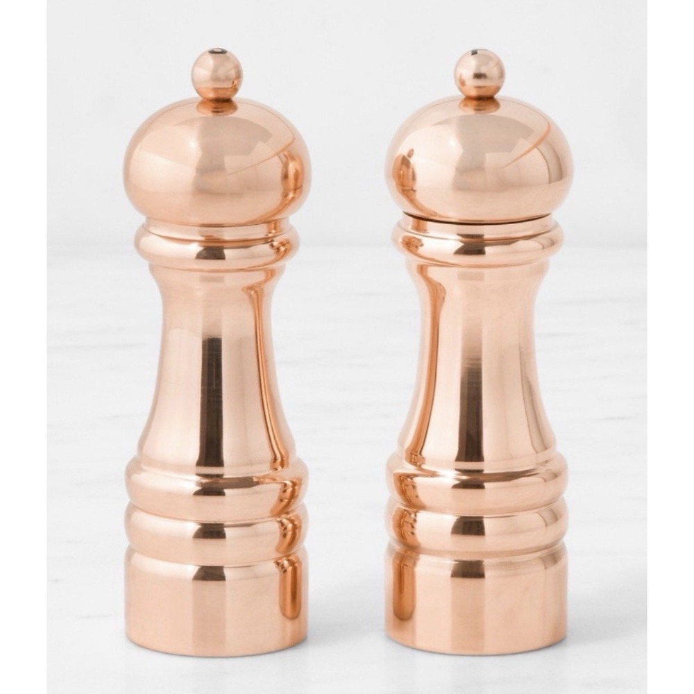 Williams Sonoma Polished Copper 6" Salt & Pepper Mills Set, NIB, Retail $249